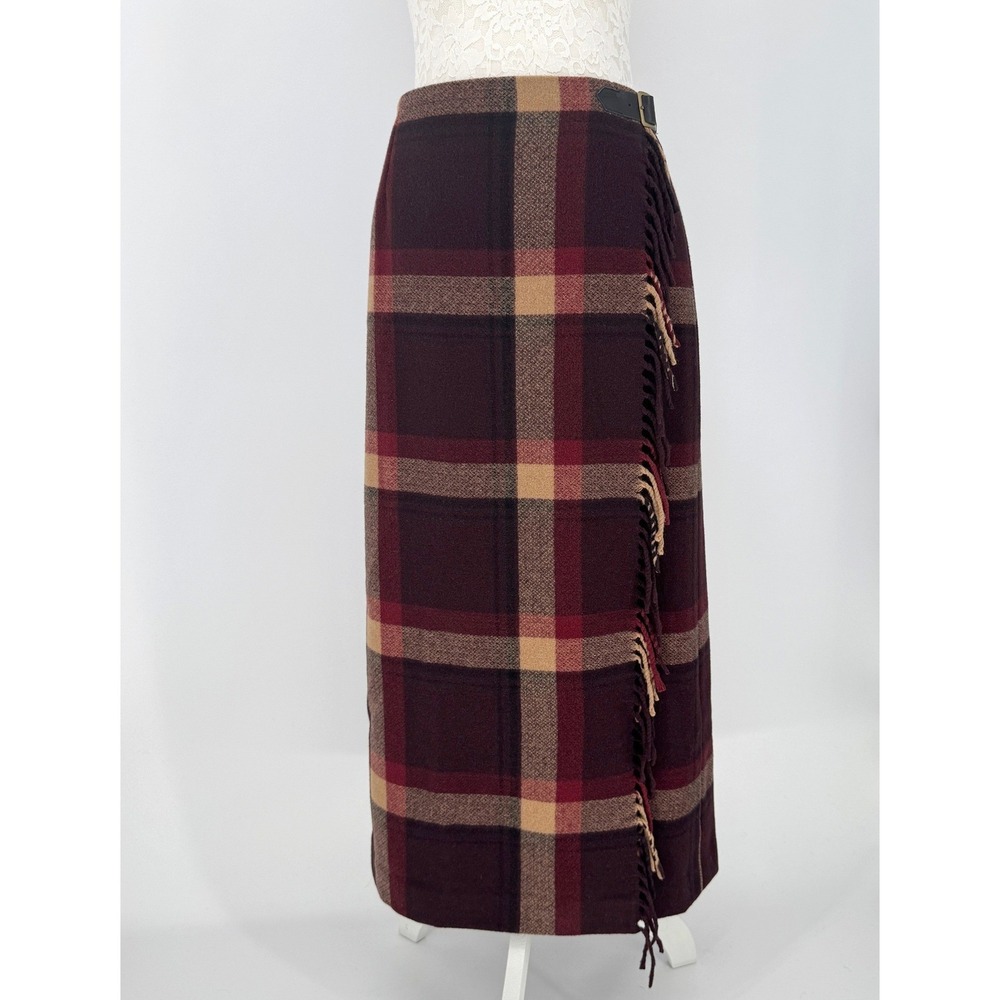 Eddie Bauer Wool Blend Plaid Fringe Maxi Wrap Skirt 8 Dark Academia Cabincore